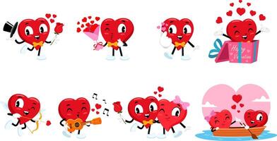 Cute Red Heart Retro Cartoon Characters. Flat Design Collection Set vector