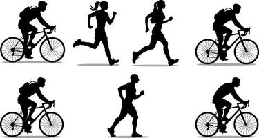 Dynamic silhouettes of cyclists and runners in motion against a minimalist white background vector