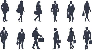 Collage of silhouettes representing diverse professionals in business attire against a clean white background vector