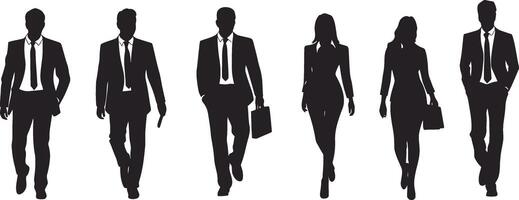 Silhouetted figures of five professionals in business attire walking confidently across a white backdrop vector