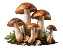 Fresh Porcini Mushroom with soil and whole varieties isolated on transparent background png