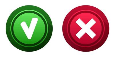 Yes and No buttons icons for confirmation and denial. Tick and cross symbols. Green and red button on white background. vector