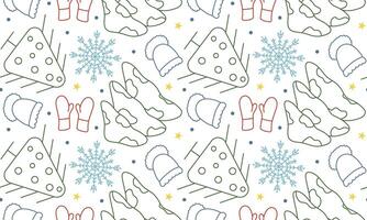Seamless pattern with Christmas tree and snowflakes in doodle style. Geometric trees for New Year. Winter mittens and hat. vector