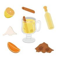 image with mulled wine from white wine and its products. Image of alcoholic cocktail from wine with anise, cinnamon and citrus. vector