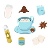 image with a cup of winter drink. Image of hot chocolate with marshmallow and anise. vector