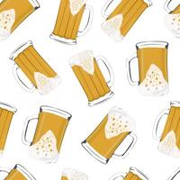 Seamless pattern of beer mugs with foam. illustration of alcoholic drink from malt and barley. Color image for packaging and paper. vector