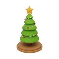 3d cute Christmas decorated pine tree on a podium. New year tree with red balls and golden star on top, isolated on white background. 3d rendered Christmas tree icon. illustration vector