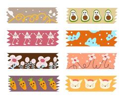 Set of torn tape with cute character motif isolated. Kawai cute washi tape. vector