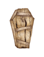 Old wooden coffin for Halloween. Dead Man Box isolated from background. Attribute for ritual burial. Concept design for poster, card, banner, wallpaper, wrapping paper, png