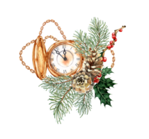Gold pocket watch with open cover and on a long chain in fir branches, pine cone, red berry and holly watercolor illustration. Vintage style, Roman numerals on the dial. Isolated from the background. png