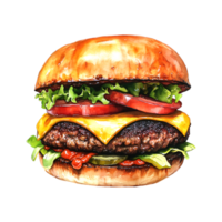Vibrant watercolor burger illustration capturing layers and fresh ingredients in an isolated view png