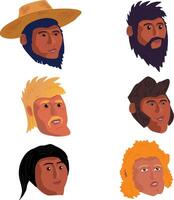 Avatars Icons of people A set of icons in a flat style illustration. Men face are different facial features with a beard in a hat and with a mustache drawn by hand. Different hair and skin vector