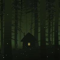 gloomy background of a house in a dark remote forest with a glowing window. illustration tall tree trunks of pines and fir trees. fireflies are flying over the dark clearing of the forest edge vector