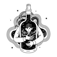 A hand drawn illustration of a person trapped inside a wine bottle, symbolizes the destructive nature of alcohol addiction vector