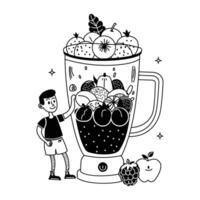 A character making smoothie in a mixer, hand drawn illustration vector