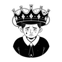A hand drawn illustration of a young boy wearing a crown and crying, depicts the concept of heavy thoughts and stress vector