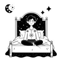 A hand drawn illustration of a person doing bedtime meditation, surrounded with stars and a moon vector