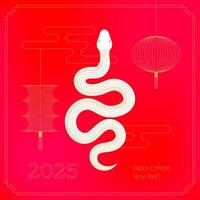 Happy Chinese new year 2025 with Zodiac sign, year of the Snake, with red linear art style on gradient red color background. Minimalistic illustration. vector
