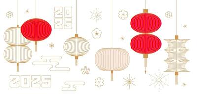 Chinese lanterns set. Japanese Asian new year red lamp. Linear illustration. vector