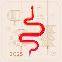 Chinese New Year 2025, red and gold line art snake character, simple geometric Asian elements. Minimal design. vector