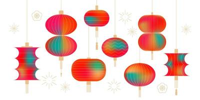 Collection of trendy minimal Chinese lanterns with mesh gradient. Japanese Asian new year traditional lamp. Linear illustration. vector