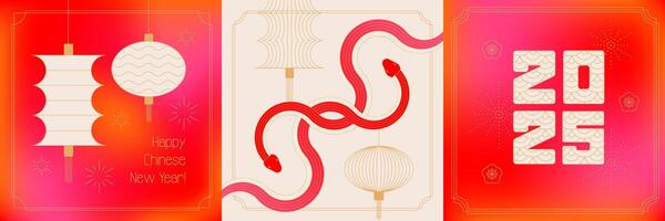 Set of Chinese New Year 2025 modern square designs in red, gold colors for cover, card, poster, banner with trendy geometric elements - geometric linear intertwined snakes and lanterns. vector