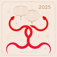 2025 Chinese new year, year of the snake banner template design with modern geometric style red snakes on light beige background. Chinese traditional lanterns. design. vector