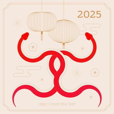 2025 Chinese new year, year of the snake banner template design with modern geometric style red snakes on light beige background. Chinese traditional lanterns. design.