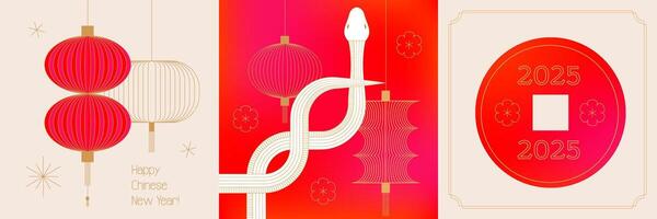 Set of Chinese New Year 2025 modern square covers in red, gold and white colors for cover, card, poster, banner with trendy geometric elements - geometric linear snake and lanterns. vector