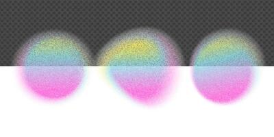Blur gradient circles set and abstract color gradation. Grain noise on iridescent mesh blob. Holographic bright blend grainy element smear isolated on transparent background. Vibrant dynamic bubble vector