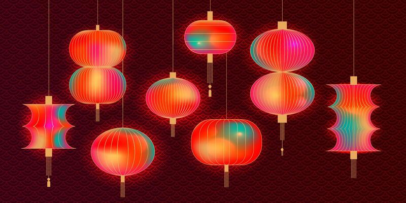 Asian glowing lanterns set. 3d Chinese lamp with lights effect, red and green silk or paper lantern on tradition culture china japan festival, Chinatown oriental decor. eps10 illustration