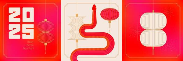 Set of Chinese new year 2025 banners. Geometric linear art. Red traditional Chinese designs with snake, lanterns, fireworks, decorations. Lunar new year concept, modern vector