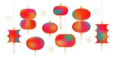 Chinese lanterns set with trendy minimalistic blurred gradient. Japanese Asian new year traditional lamp. Linear illustration. vector