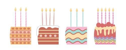 Set of chocolate birthday slices of cake with candles. Different birthday cakes set vector