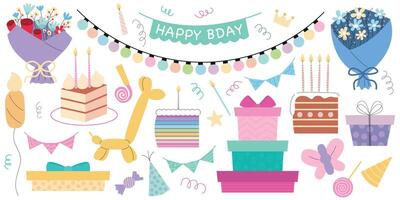 Set of different festive stickers for birthday party. set of birthday elements. Gift box, cake, bouquets of flowers, garlands. vector