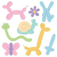 Balloon modelling animals flat set. Different animals and flower made of balloon flat set vector
