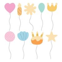 Set of balloons different shapes. flat set of helium balloons, heart, crown, sun, shell, cake with candles, star vector
