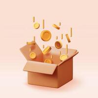 3D cardboard box with gold coins inside isolated. Render open carton package with cash money. vector
