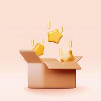 3d open carton box with sparkling stars isolated. Render cardboard parcel box with golden star vector