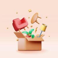 3D open cardboard box with home goods isolated. Render furniture armchair, plant in pot, lamp and table. Delivery, relocation service. Move, transportation and logistics vector