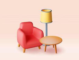3D armchair with lamp and table isolated. Render interior of modern design vector