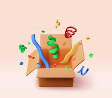 3d opened cardboard box with color confetti isolated. Render open package with colorful confetti explosion icon. vector