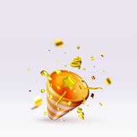 3D party popper with confetti isolated on white. Render paper confetti collection. Gold firecracker vector