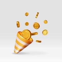3d party popper with flying money coin. Render firecracker explosion full of golden coins icon vector