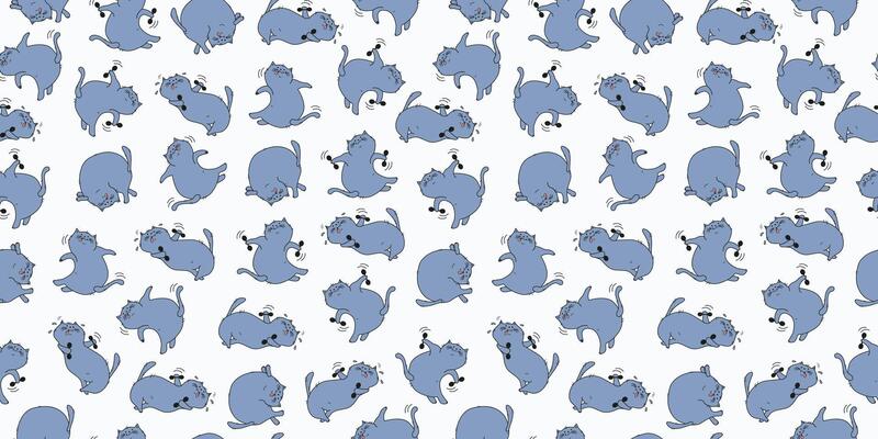 Seamless pattern, cartoon cats athletes. Fat happy cats doing gymnastics. Cat with dumbbells, in yoga pose. Doodle.