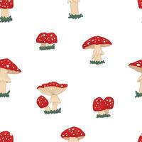 Red amanita mushrooms seamless abstract pattern. Autumn poisonous mushroom collection season background. illustration vector