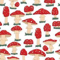 Flat seamless pattern of toxic amanita death cap on white background. cartoon hand drawn endless illustration of childish fungus that can be used for fabric or textile vector