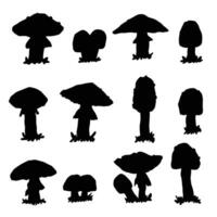 silhouette set of black amanita toadstool mushrooms. collection of isolated fly agaric illustrations on a white background vector