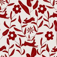 Rabbit pattern with floral and leaves. Easter Bunny. Scandi style silhouettes of hare and wildflowers. vector