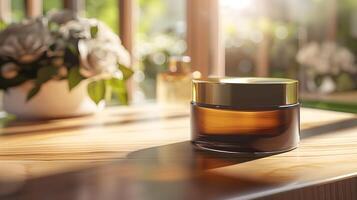 A jar of cosmetic cream sitting on a table photo